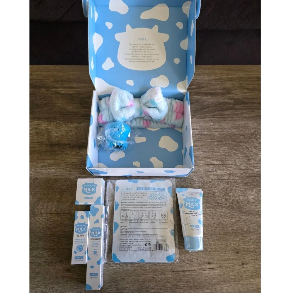 Laikou Milk Hydration Skincare Gift Set 7pc Cow Print Headband Serum Mask Cream